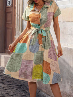 Outzidr - Multi Button Down Printed Shirt Dress