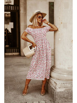 Outzidr - White Printed Off-Shoulder Dress