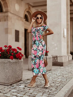 Outzidr - Light Blue Printed Off-Shoulder Dress