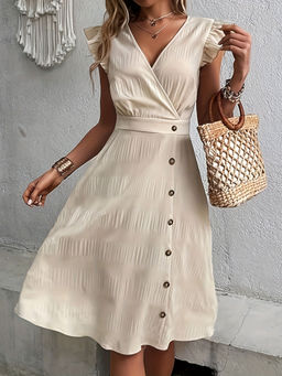 Outzidr - Cream Flutter Sleeves Side Button Detailing Dress