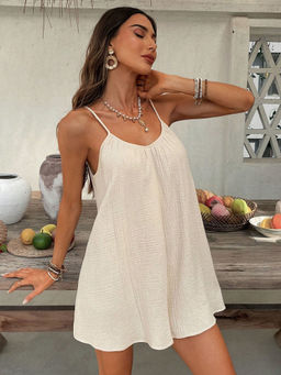 Outzidr - Beige Strappy Flowy Mini Dress