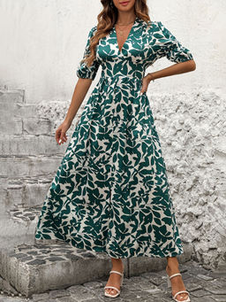 Outzidr - Green Printed Plunge Neck Cinched Waist Dress