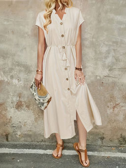 Outzidr - Cream Button Down Solid Shirt Dress