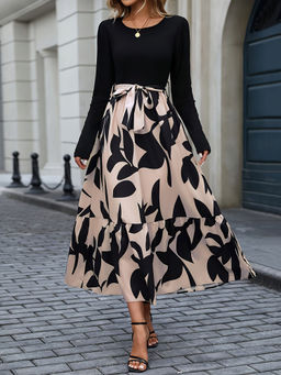 Outzidr - Black Printed Tiered Dress