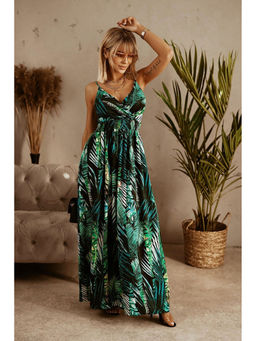 Outzidr - Green Printed Wrap Neck Maxi Dress