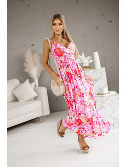 Outzidr - Pink Printed Wrap Neck Maxi Dress