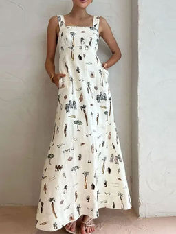 Outzidr - White Printed Square Neck Maxi Dress