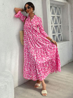 Outzidr - Pink Printed Tiered Maxi Dress