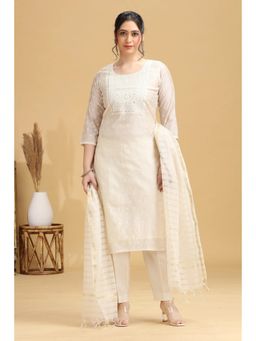 Cotton Culture - Off White Embroidered Straight Ethnic Kurta With Pant And Dupatta