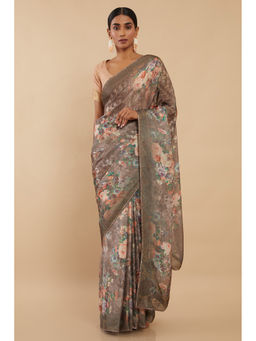Soch - Brown Satin Printed Saree with Unstitched