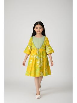 Bella Moda - Cotton Full Sleeves Lace Applique Printed Dress with Belt-Yellow