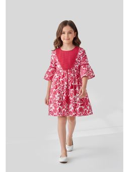 Bella Moda - Cotton Full Sleeves Lace Applique Printed Dress with Belt-Pink
