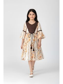 Bella Moda - Cotton Full Sleeves Lace Applique Printed Dress with Belt-Brown