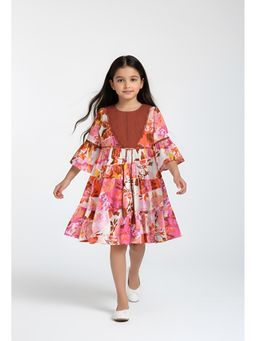 Bella Moda - Cotton Full Sleeves Lace Applique Printed Dress with Belt- Multi-Color