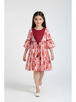 Bella Moda - Cotton Full Sleeves Lace Applique Printed Dress with Belt-Red