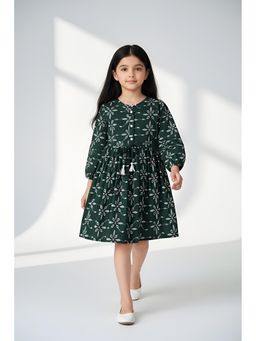 Bella Moda - Cotton Full Sleeves Floral Embroidery with Front Tussel Dress-Dark Green