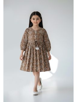 Bella Moda - Cotton Full Sleeves Floral Embroidery with Front Tussel Dress-Brown