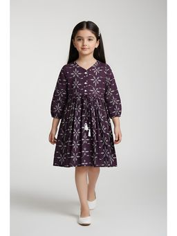 Bella Moda - Cotton Full Sleeves Floral Embroidery with Front Tussel Dress-Wine