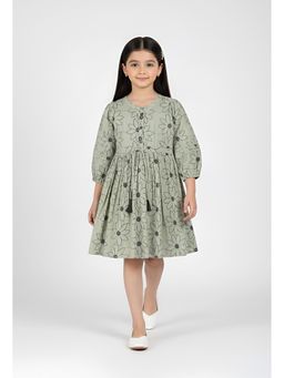 Bella Moda - Cotton Full Sleeves Floral Embroidery with Front Tussel Dress-Grey