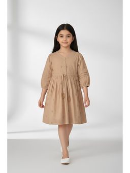 Bella Moda - Cotton Full Sleeves Floral Embroidery with Front Tussel Dress-Beige