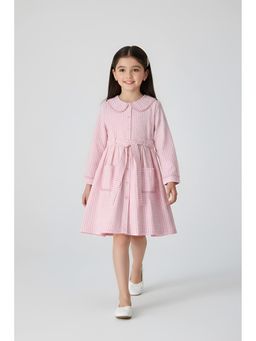 Bella Moda - Cotton Full Sleeves Front Pockets Dress-Dark Pink