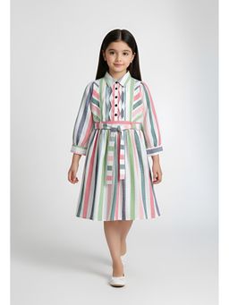 Bella Moda - Cotton Three Forth Sleeves Collor and Striped Dress- Multi-Color