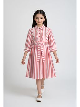 Bella Moda - Cotton Three Forth Sleeves Collor and Striped Dress-Red