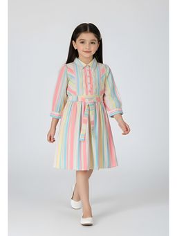 Bella Moda - Cotton Three Forth Sleeves Collor and Striped Dress-Pink