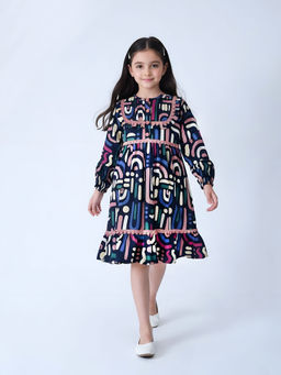 Bella Moda - Cotton Full Sleeves Lace Applique Dress- Multi-Color