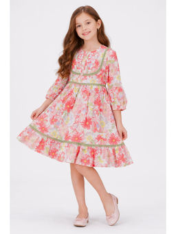 Bella Moda - Cotton Three Fourth SleevesLace Applique Dress-Red