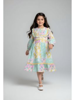 Bella Moda - Cotton Full Sleeves Lace Applique Dress- Multi-Color