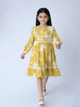 Bella Moda - Cotton Full Sleeves Lace Applique Dress-Yellow