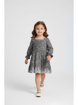 Bella Moda - Cotton Full Sleeves Embroidered Dress-Grey