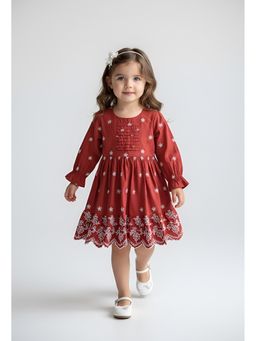 Bella Moda - Cotton Full Sleeves Embroidered Dress-Brown