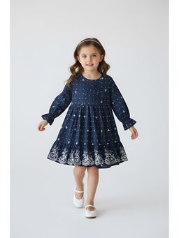 Bella Moda - Cotton Full Sleeves Embroidered Dress-Navy Blue