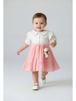 Bella Moda - Cotton Puff Sleeves Dress and Belt with Teddy Bear-Pink