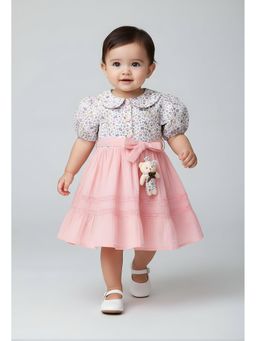 Bella Moda - Cotton Puff Sleeves Dress and Belt with Teddy Bear-Pink