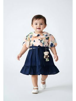 Bella Moda - Cotton Puff Sleeves Dress and Belt with Teddy Bear-Navy Blue