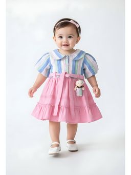 Bella Moda - Cotton Puff Sleeves Dress and Belt with Teddy Bear-Pink