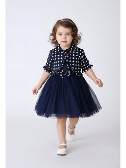 Bella Moda - Net Fabric Half Sleeves Dress with Shrug-Navy Blue