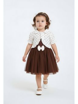 Bella Moda - Net Fabric Half Sleeves Dress with Shrug-Brown