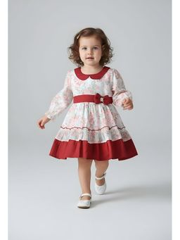 Bella Moda - Cotton Full Sleeves Front Bow Pearl Applique Printed Dress-Maroon