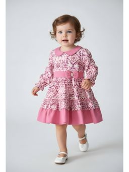 Bella Moda - Cotton Full Sleeves Front Bow Pearl Applique Printed Dress-Pink