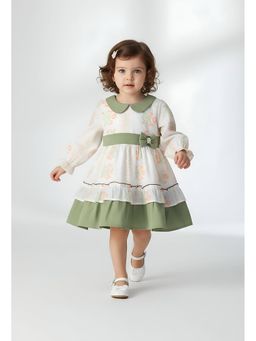 Bella Moda - Cotton Full Sleeves Front Bow Pearl Applique Printed Dress-Green