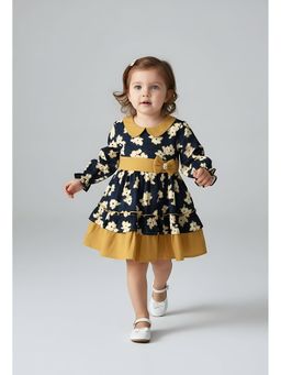Bella Moda - Cotton Full Sleeves Front Bow Pearl Applique Printed Dress-Navy Blue