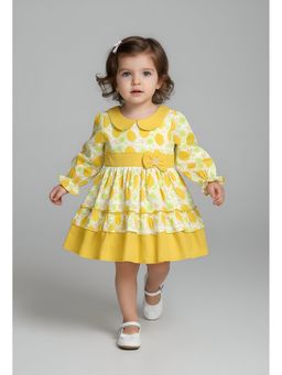 Bella Moda - Cotton Full Sleeves Front Bow Pearl Applique Printed Dress-Yellow