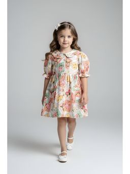 Bella Moda - Cotton Half Sleeves Front Pockets Printed Dress-Peach