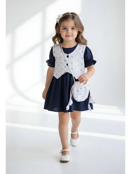 Bella Moda - Cotton Half Dress with Sling Bag and Waistcoat-Blue