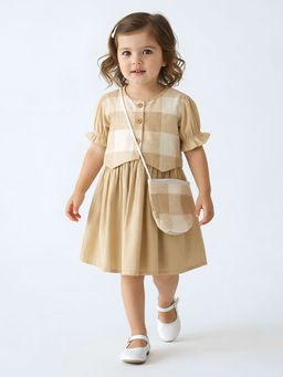 Bella Moda - Cotton Half Dress with Sling Bag and Waistcoat-Beige