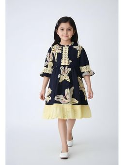 Bella Moda - Cotton Full Sleeves Aal Over Lace Applique Printed Dress-Navy Blue